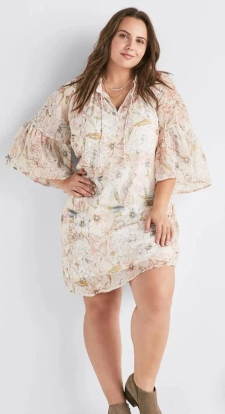 Lucky Brand Floral Chiffon Bell Sleeve Dress Size L with Slip EUC